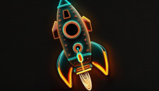 Rocket ship with realistic neon lights on black background ideas and startup concept Generative AI