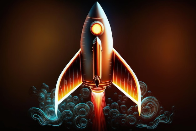 Rocket ship with realistic neon lights on black background ideas and startup concept Generative AI