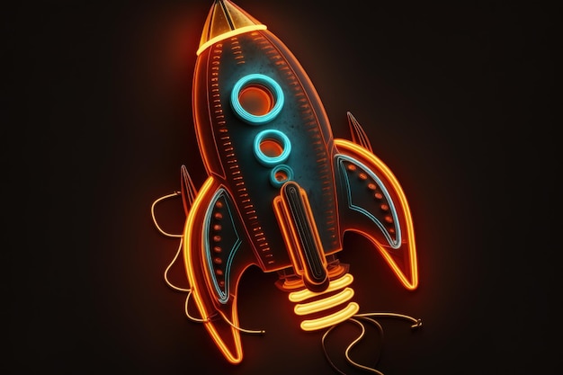 Rocket ship with realistic neon lights on black background ideas and startup concept Generative AI