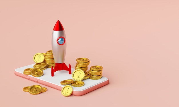 Rocket on smartphone with dollar coin