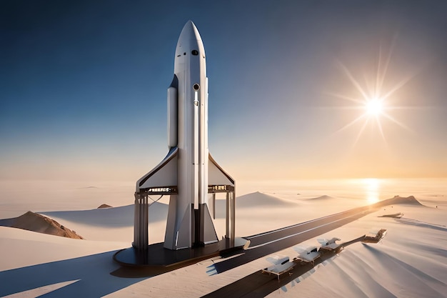 A rocket on a snowy surface with the sun shining on it