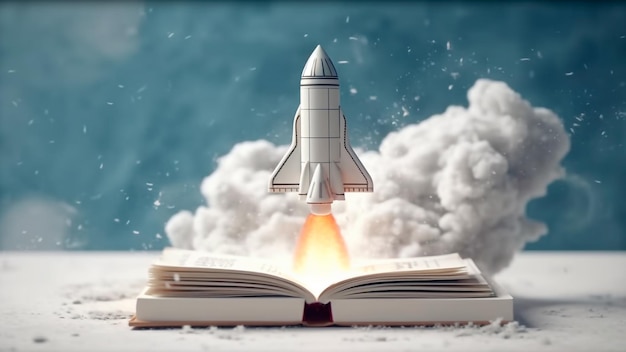新学期の始まりの児童書の上空を飛ぶロケット 生成 AI