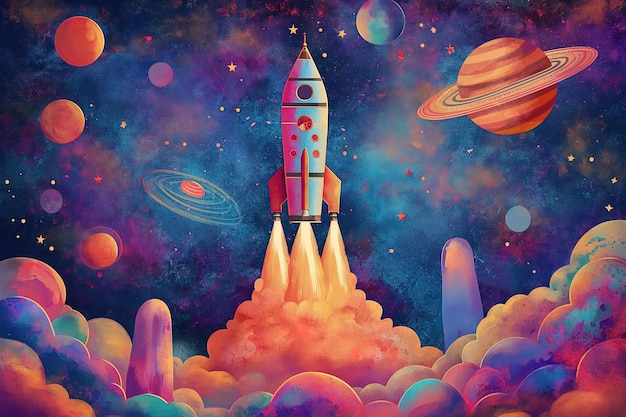 Rocket in space with planets and stars Digital painting Fantasy illustration