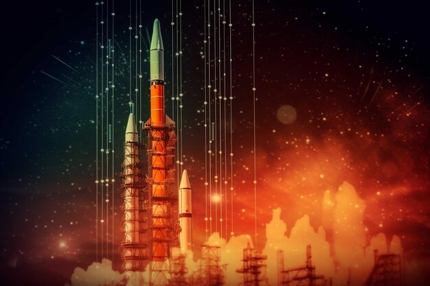 Rocket in space with stars and nebula 3D rendering