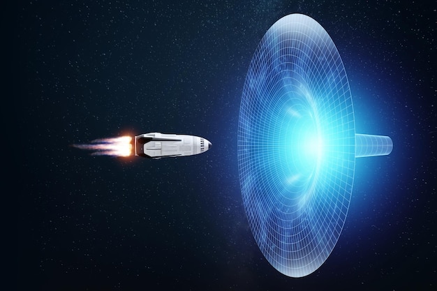 Rocket spaceship flies into a tunnel or wormhole Science