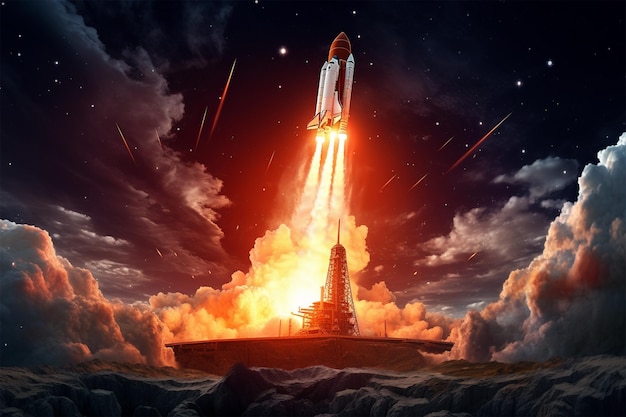 Rocket start with view of the stars in deep space created with