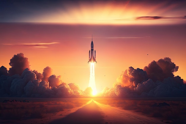 Rocket start with view of sunrise over the horizon created with generative ai