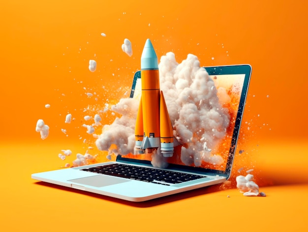 Rocket starts from computer device screen Spaceship launch from Laptop Concept of a successful start up of a business Creative idea education online Ai Generative illustration