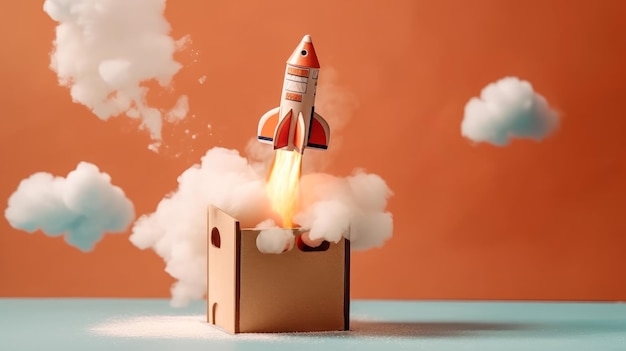 Rocket starts taking off from cardboard box Generative Ai Technology