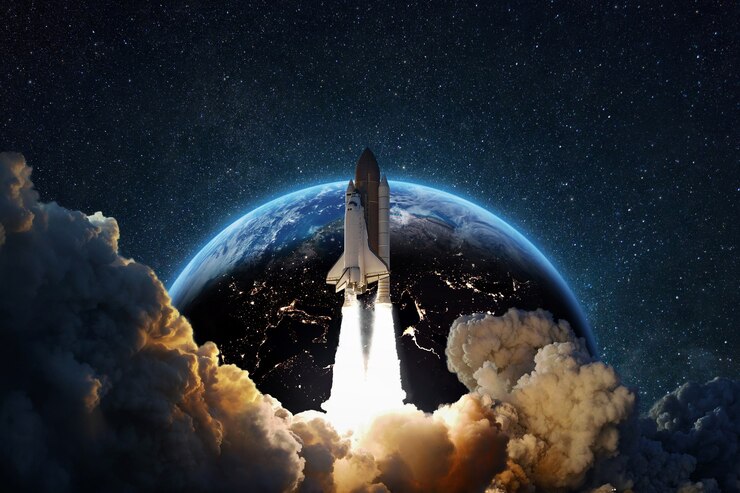 Photo rocket successful takeoff into deep starry space against the backdrop of the blue earth planet. spaceship at launch from earth, concept