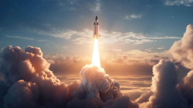 Rocket successfully launched into space Spaceship takes off into the starry sky Generative AI illustration
