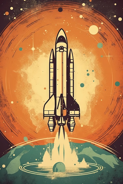 Rocket takeoff in retro style Vintage space rocket start with fire and smoke