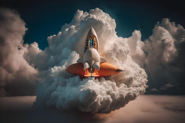 A rocket takes off into the clouds