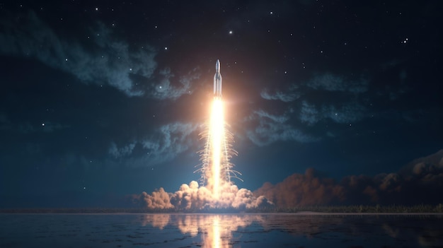 A rocket takes off into the night sky.