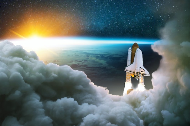 Rocket takes off into outer space. spaceship lift off with\
blast and smoke on the background of the blue planet earth and\
sunset. start mission concept