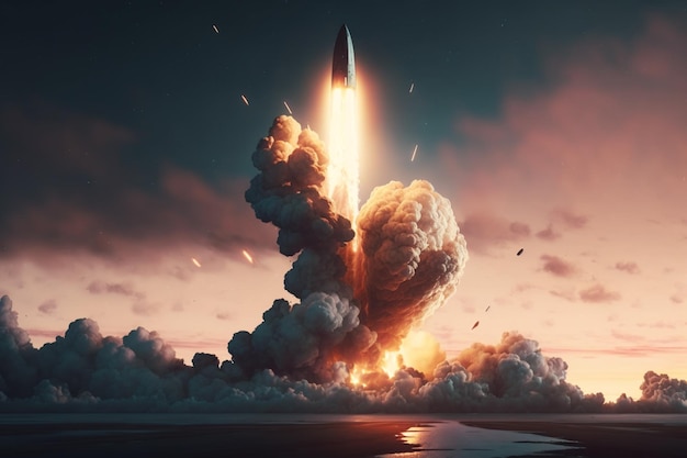 A rocket takes off into the sky with smoke coming out of it.