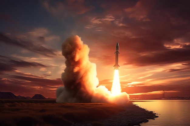 A rocket takes off into the sunset.