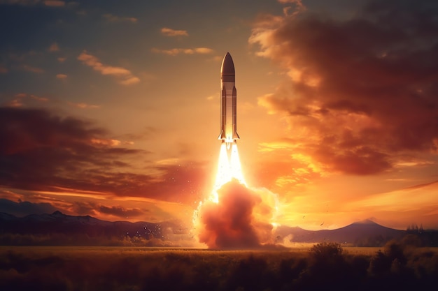 A rocket takes off into the sunset.