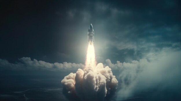 A rocket takes off with the word space on it