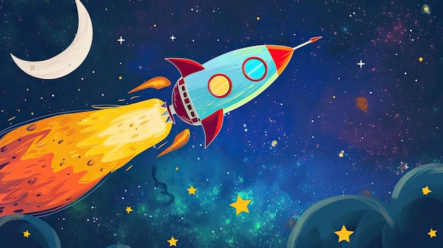 A rocket taking off Abstraction stars clouds education cartoon science toy speed sky ISS compartment gravity doodle space fuel flight moon astronaut Generated by AI