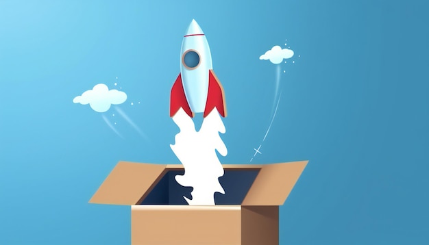 Rocket taking off from cardboard box on blue background 3D illustration Generative ai