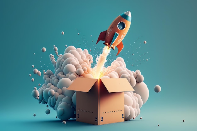 Rocket taking off from cardboard box on blue background 3D illustration Generative ai