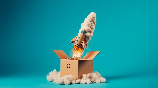 Photo rocket taking off from cardboard box on blue background generative ai