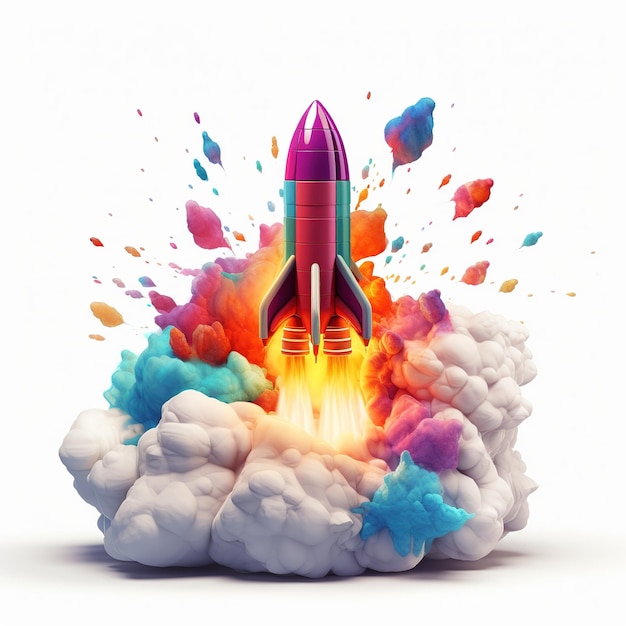 Ракета взлетает с облака с красочными брызгами в качестве концепции стартапа, созданной ИИ.