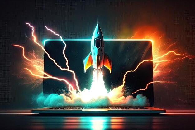 Rocket taking off from laptop background with lightning and neon lights Generative AI