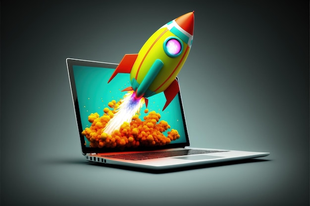 Rocket taking off from laptop releasing colorful smoke startup concept AI