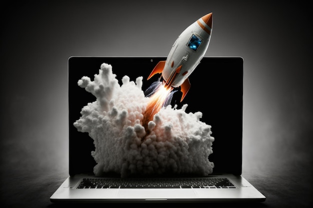 Rocket taking off from laptop screen on black background startup concept Generative AI