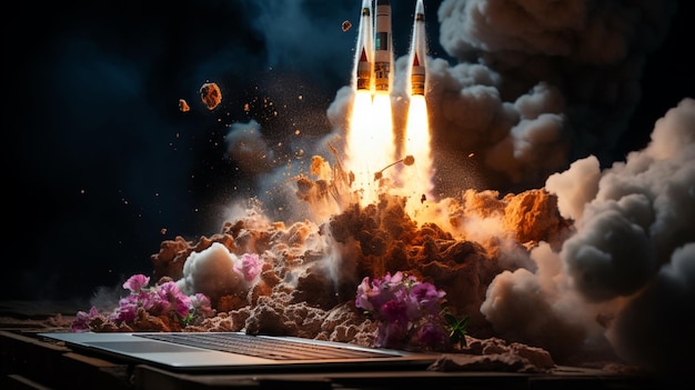 Photo rocket taking off from laptop screen on black background startup concept