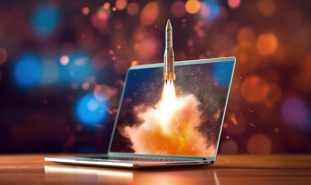 Rocket taking off from laptop screen business and startup concept bokeh background Generative AI