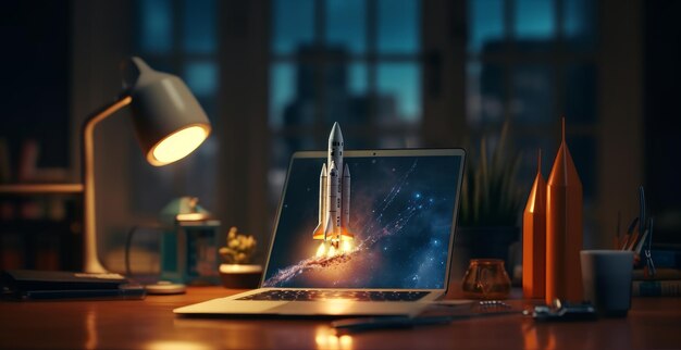 Rocket taking off from laptop screen concept of innovation and digital progress Generative AI