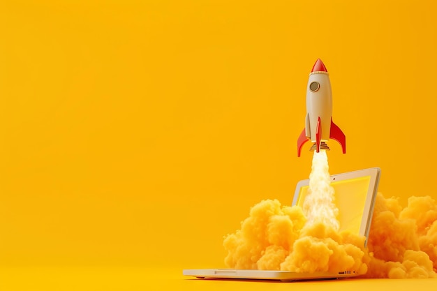 rocket taking off from laptop on yellow background empty space on left