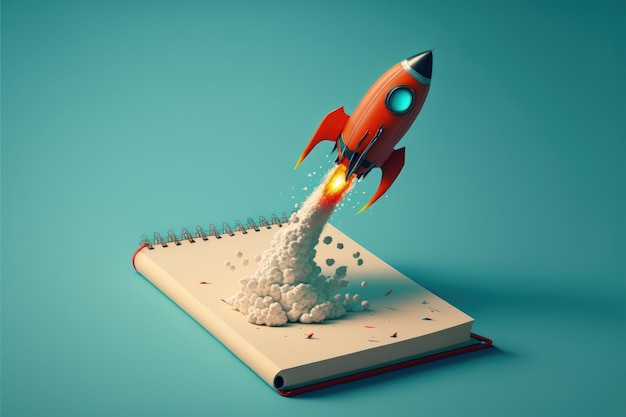 Rocket taking off from notebook blue background startup creation concept AI