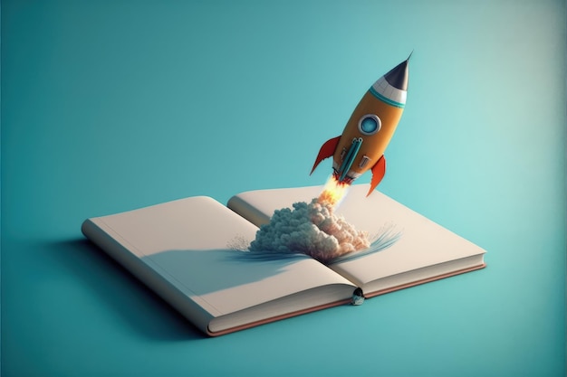 Rocket taking off from notebook blue background startup creation concept AI