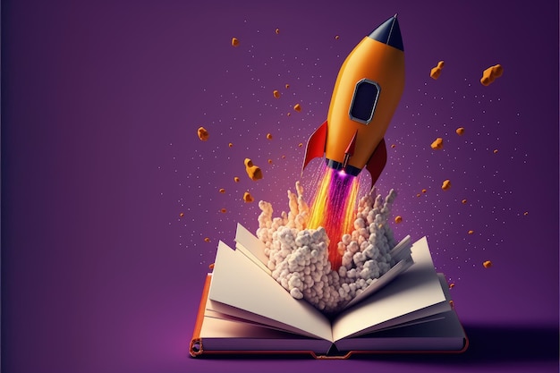 Rocket taking off from notebook purple background startup creation concept AI