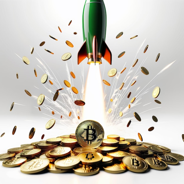 Photo rocket taking off from pile of coins