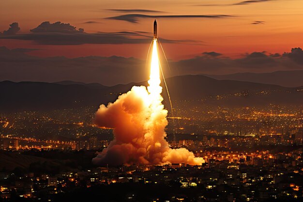 Photo a rocket taking off into the night sky with city lights in the distance and mountains in the background as seen from above