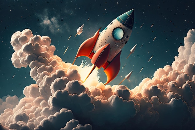 Rocket taking off into the sky with clouds and stars in the background created with generative ai