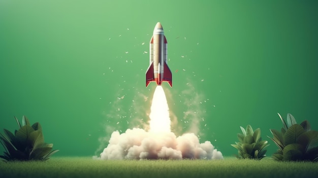 Rocket taking off isolated on green background Generative ai