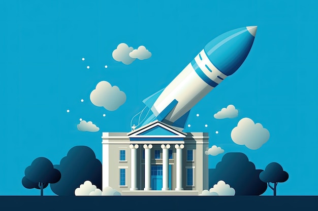 Rocket taking off near bank in classic architecture style bank startup concept AI