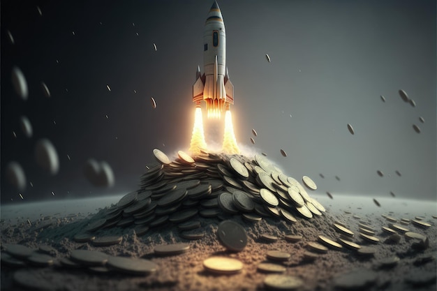 Rocket taking off over stack of coins startup concept AI