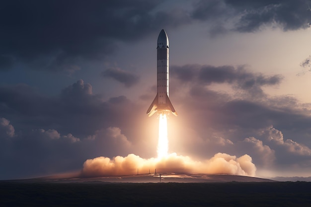 A rocket taking off with a dark sky background