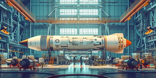 Rocket technicians are working on an aerospace system in an assembly line space Generative AI