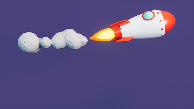 Rocket type ship flies through space with flame and smoke trail 3d illustration