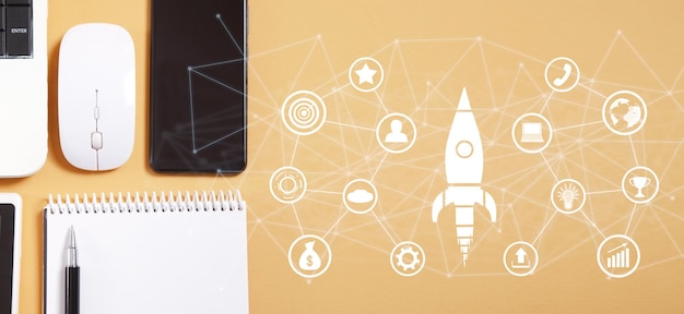 rocket with a business icons and network business startup
