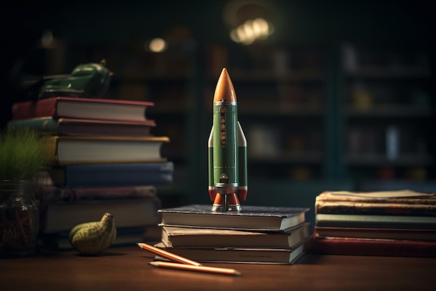 A rocket with a green pencil on top of it