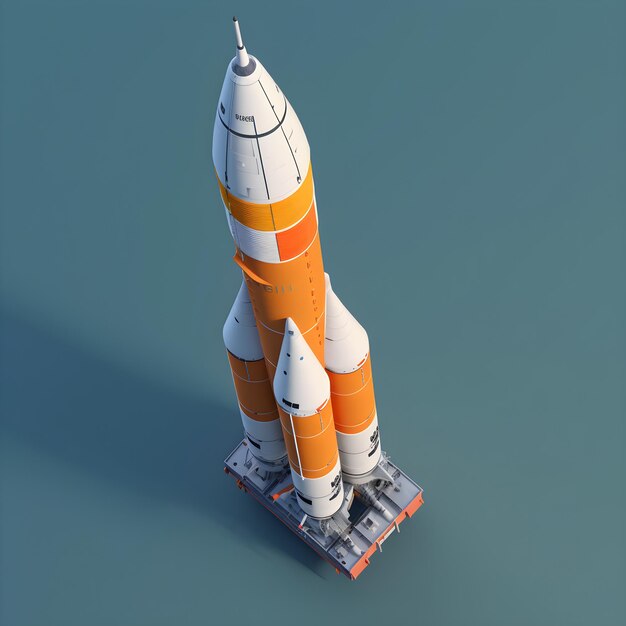 A rocket with orange and white stripes is in a blue ocean.
